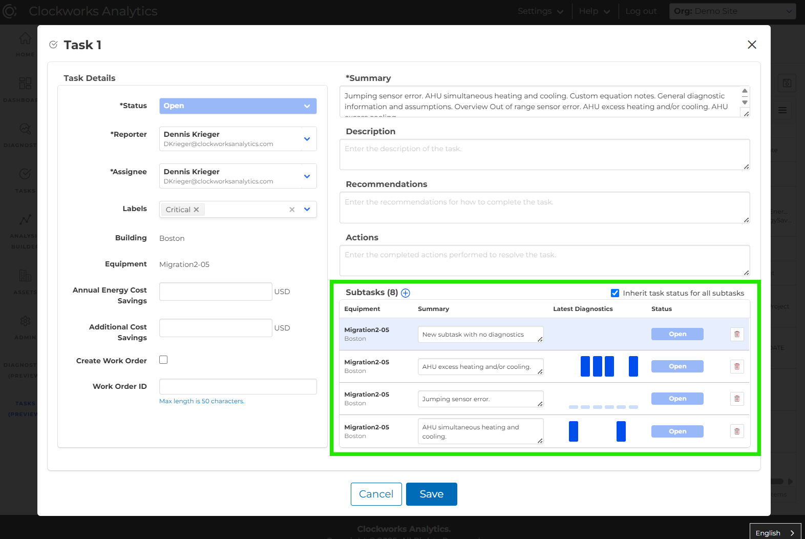 clockworks analytics tasks modal