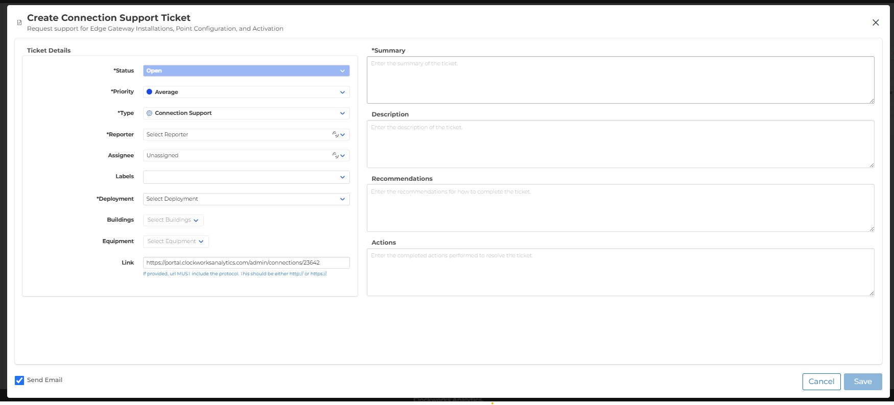 Create Connection Support Ticket modal from Admin, Connections, Configure Points