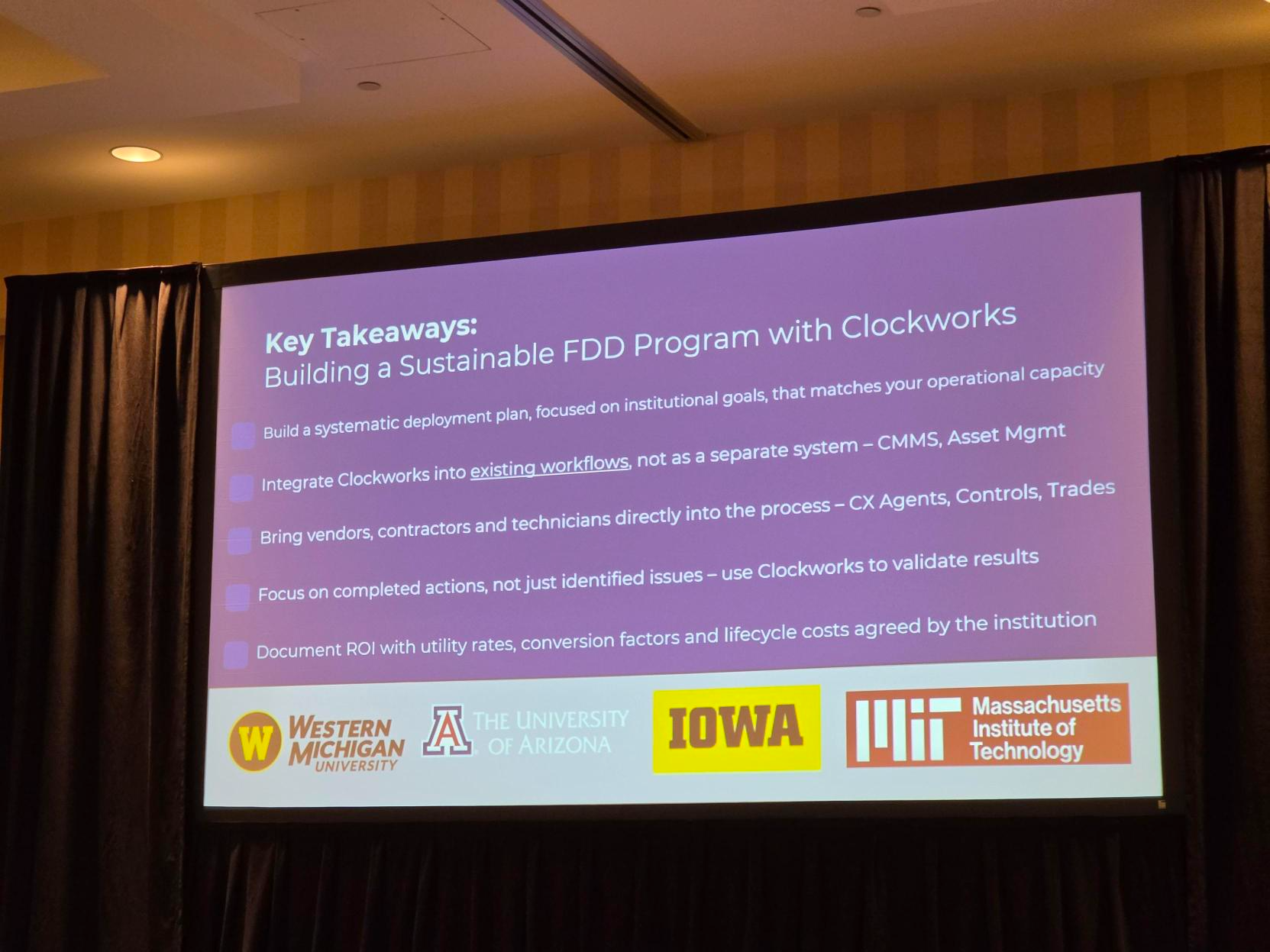 Clockworks Analytics session slide titled “Key Takeaways: Building a Sustainable FDD Program with Clockworks,” listing five steps for a sustainable fault detection and diagnostics (FDD) program, with Western Michigan University, University of Arizona, University of Iowa, and MIT logos.